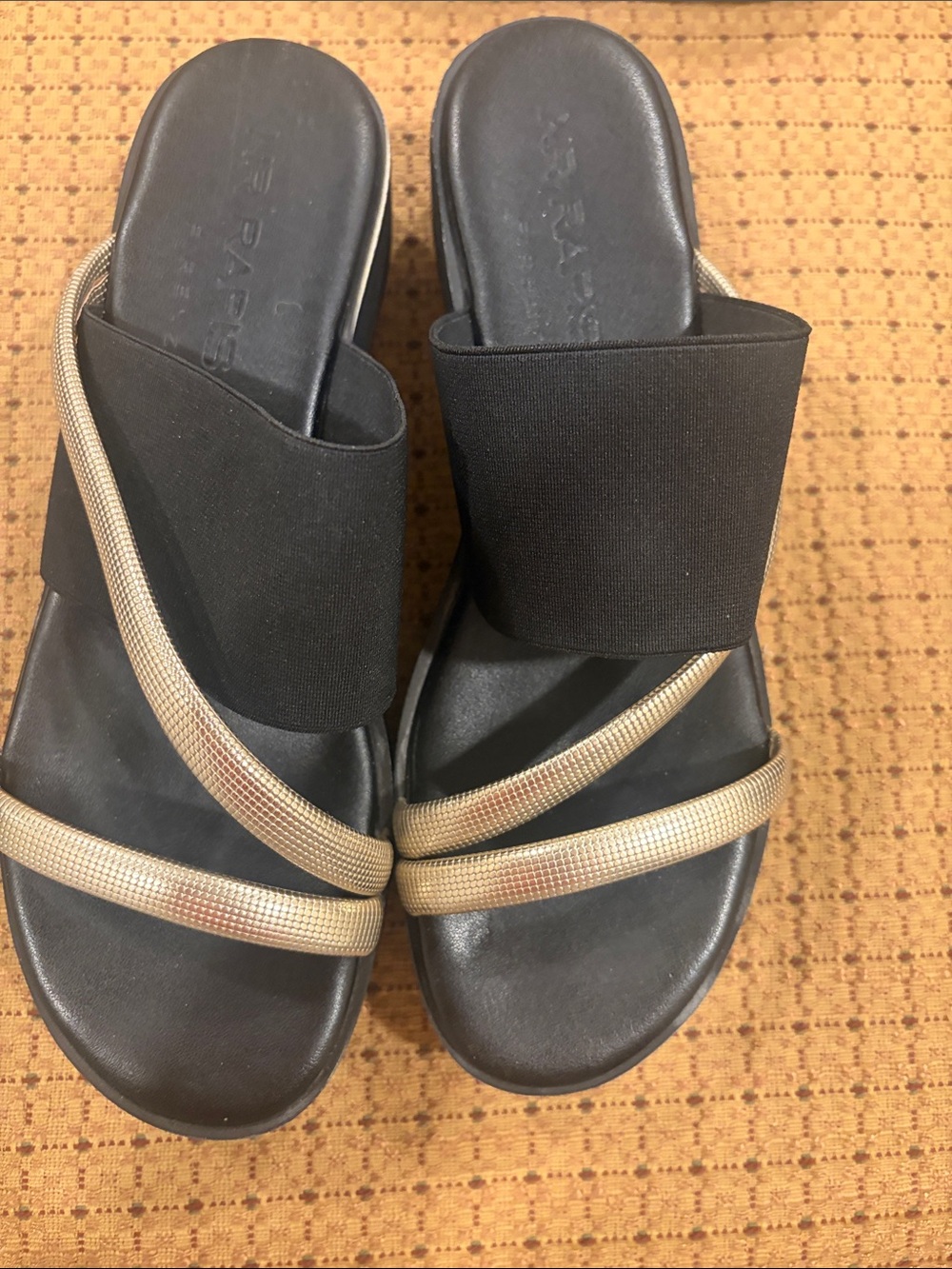 Black Slip-On Sandals with Metallic Gold Straps